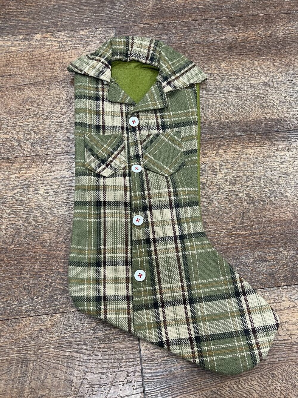 Green Plaid Shirt Style Christmas Stocking Rustic Holiday Decor - Picture 1 of 6